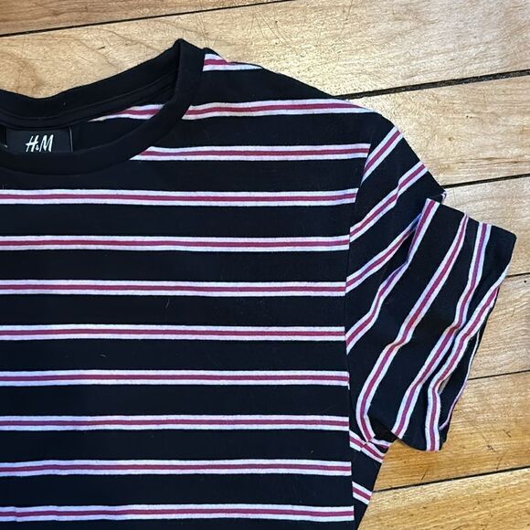 H&M Women’s Dark navy pink and white striped scoop neck tshirt size s - Picture 2 of 7